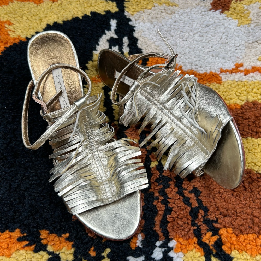 Party Gal, CYNTHIA VINCENT, gold fringe, ankle strap heels!!